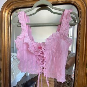 Sugar Thrillz Dollskill Pink Lace Up Corset Eyelet Crop Top Sz S